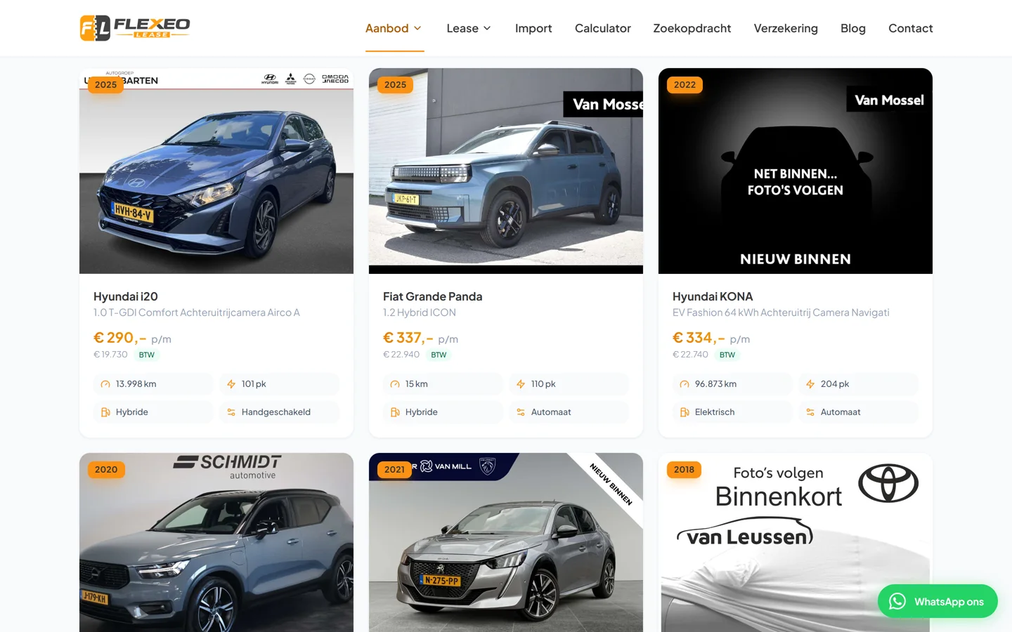 De aanbodpagina van flexeolease.nl met filters en leaseauto's