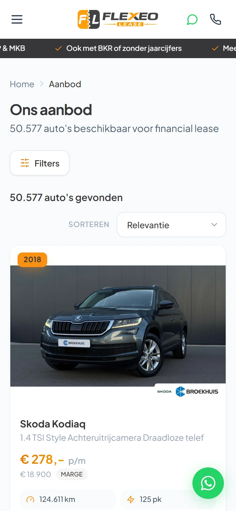 De aanbodpagina van flexeolease.nl op een telefoon