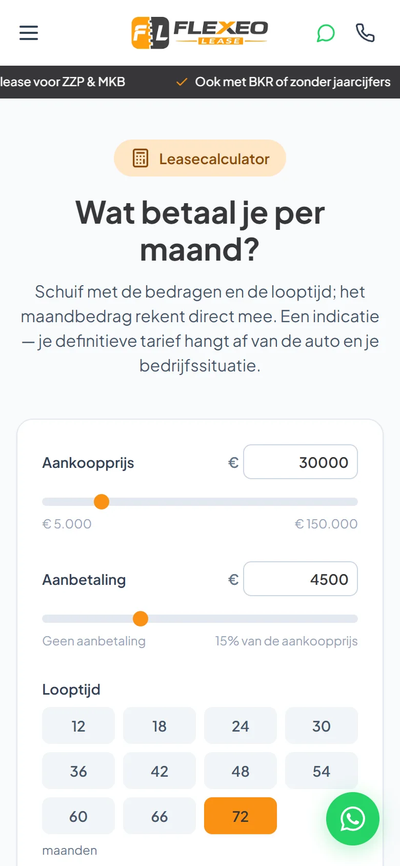 Calculator van flexeolease.nl op een telefoon