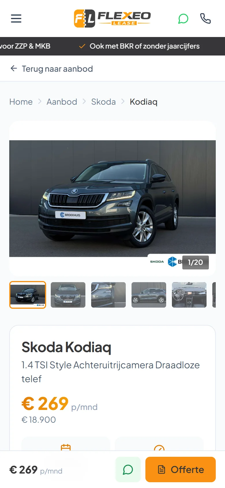 Autopagina van flexeolease.nl op een telefoon
