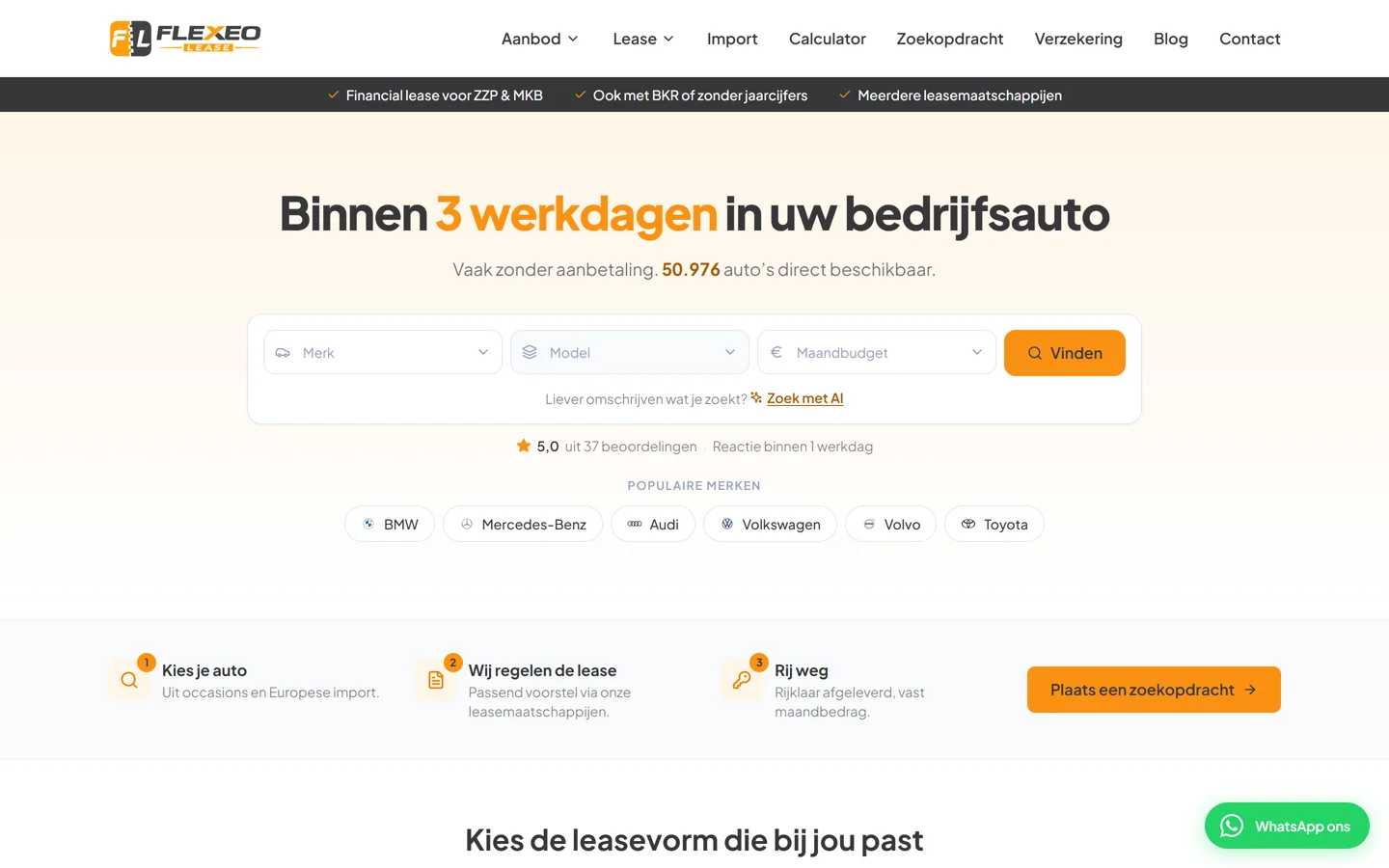 De homepage van flexeolease.nl met merk- en modelselectie, maandbudget en AI-zoeken
