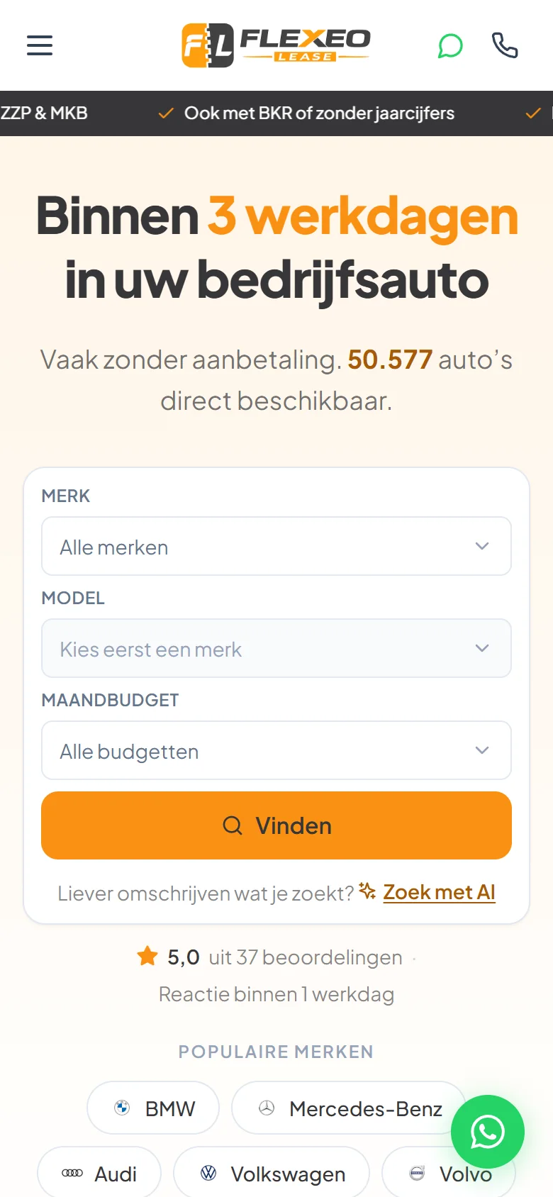 Homepage van flexeolease.nl op een telefoon